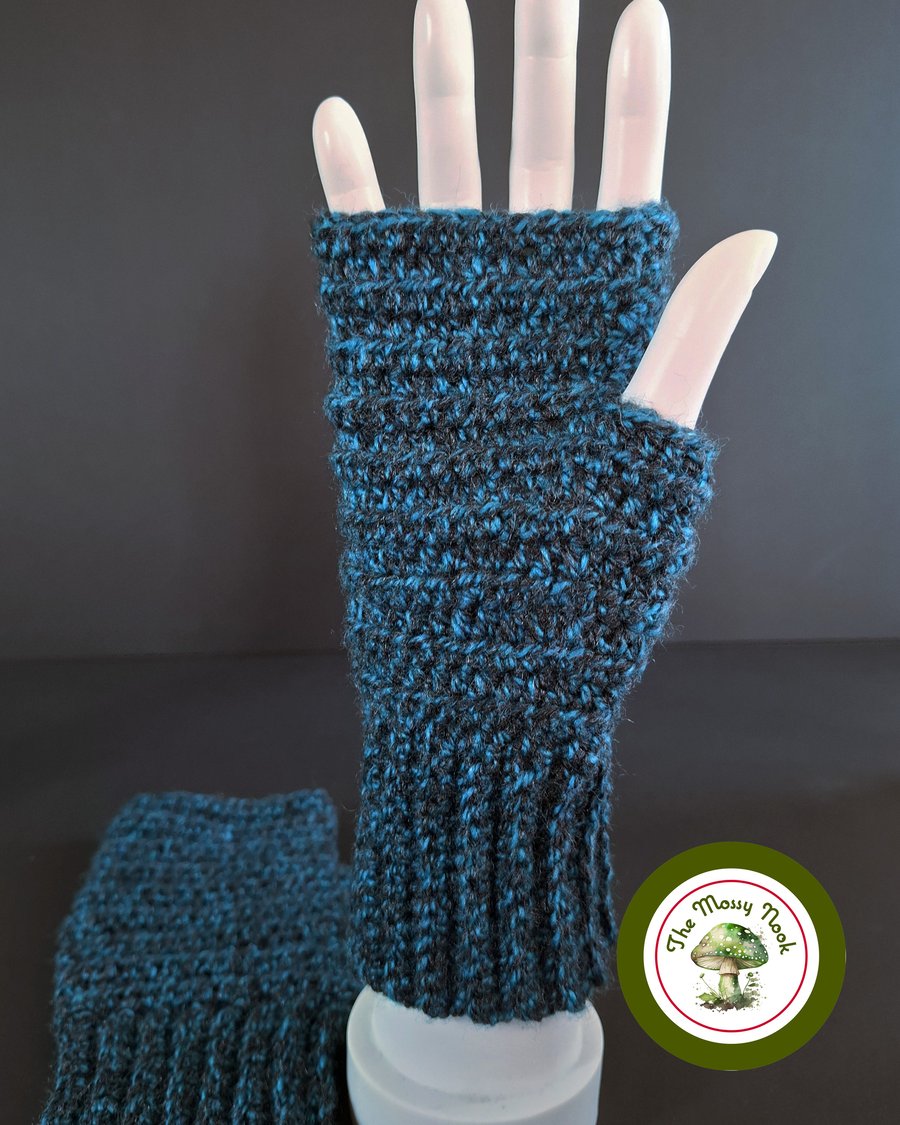 Fingerless Mittens, Teal and Black. Handmade Crochet. Fingerless Gloves.