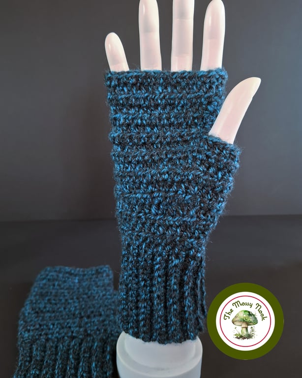 Fingerless Mittens, Teal and Black. Handmade Crochet. Fingerless Gloves.