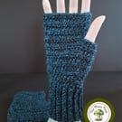 Fingerless Mittens, Teal and Black. Handmade Crochet. Fingerless Gloves.
