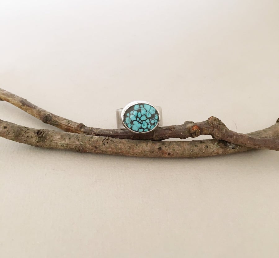 Turquoise Ring - Wide Band Ring - Silver Ring - Spider Turquoise