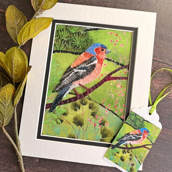 Chaffinch textile art, fabric bird picture, gift for bird lover