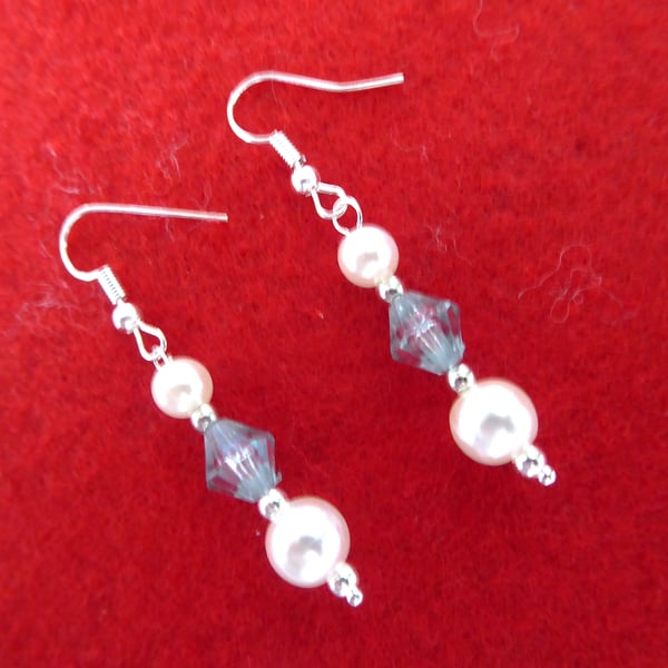 Pearl, Light Blue and Silver hook dangle drop earrings. 