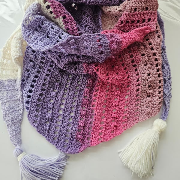 Purples pinks and cream triangle scarf