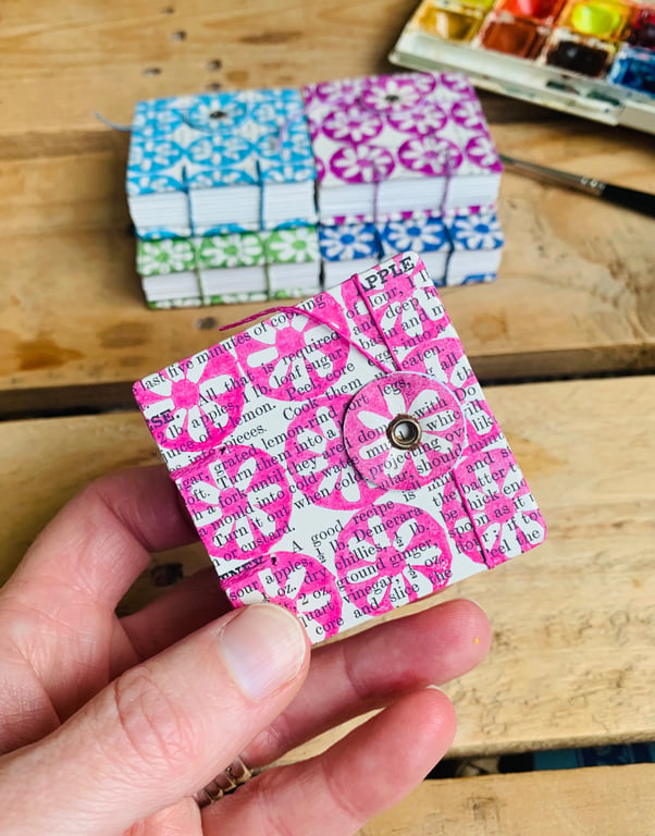 Tiny Watercolour Sketchbook with Hand-printed Floral cover. Cherry Pink.