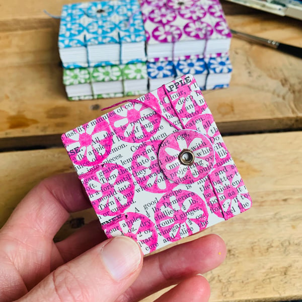 Tiny Watercolour Sketchbook with Hand-printed Floral cover. Cherry Pink.