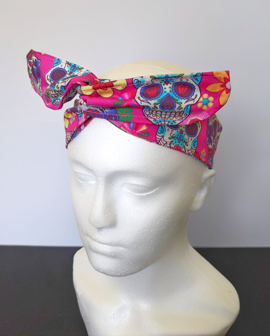 Pink Candy Skull Print Rockabilly Style Wired Headband