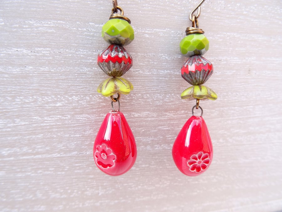 Ceramic Earrings, Czech Glass Earrings, Red Earrings, Lime Earrings.