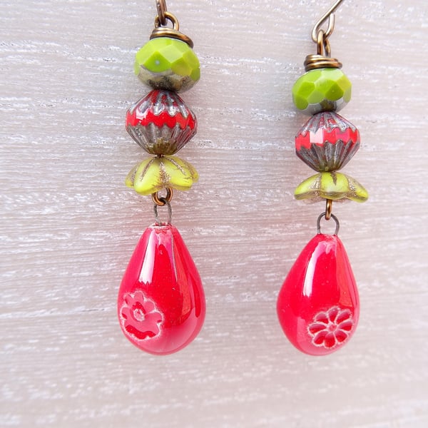 Ceramic Earrings, Czech Glass Earrings, Red Earrings, Lime Earrings.