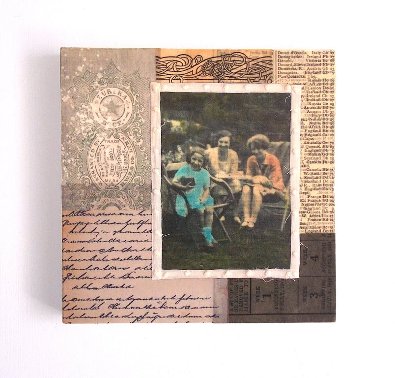 Original Paper & Fabric Collage on Wood Panel, 12x12cms, Free Postage (193)