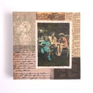 Original Paper & Fabric Collage on Wood Panel, 12x12cms, Free Postage (193)