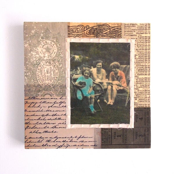 Original Paper & Fabric Collage on Wood Panel, 12x12cms, Free Postage (193)