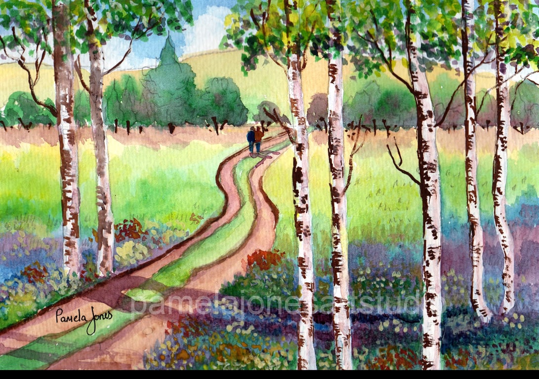 Watercolour Print, Woodland Walk, with Birch Trees, in 14 x 11 '' Mount