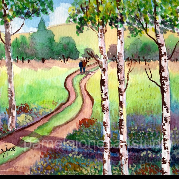Watercolour Print, Woodland Walk, with Birch Trees, in 14 x 11 '' Mount