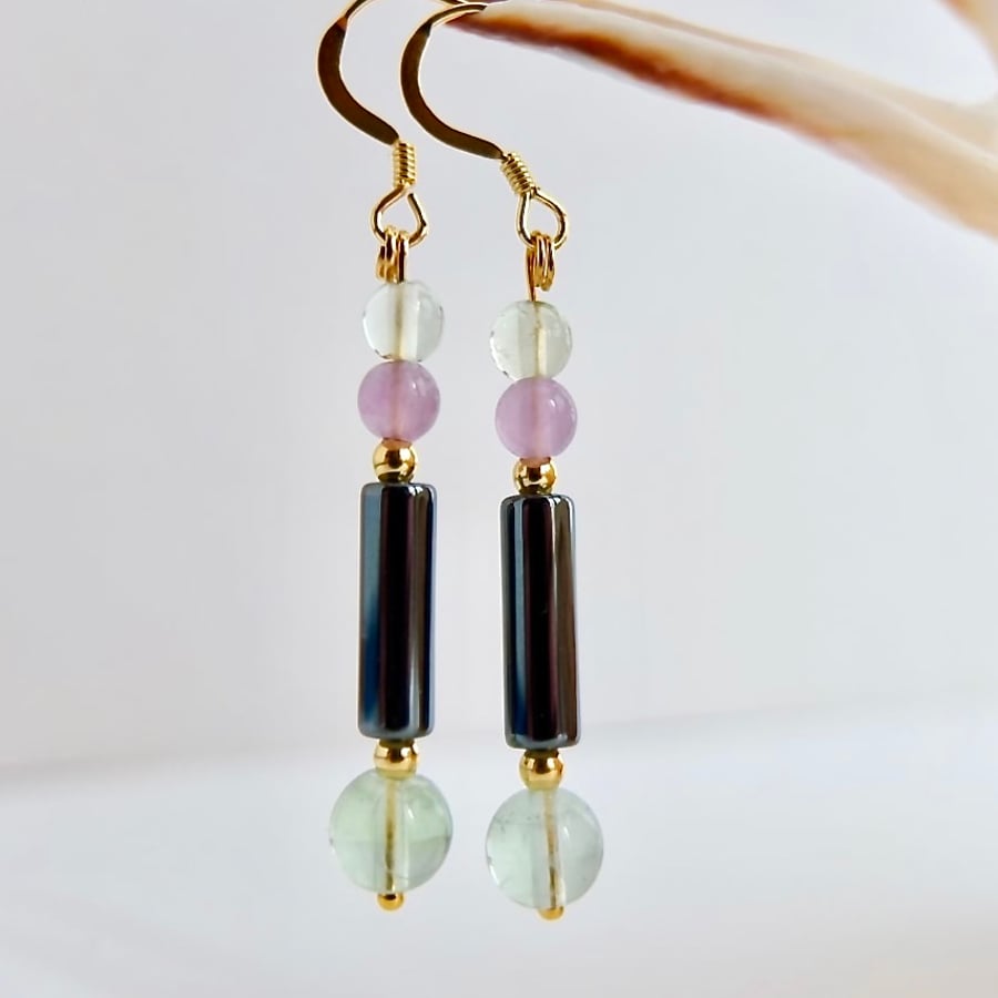 Fluorite & Hematite Earrings - Birthday, Anniversary, Thank You, Gifts For Her