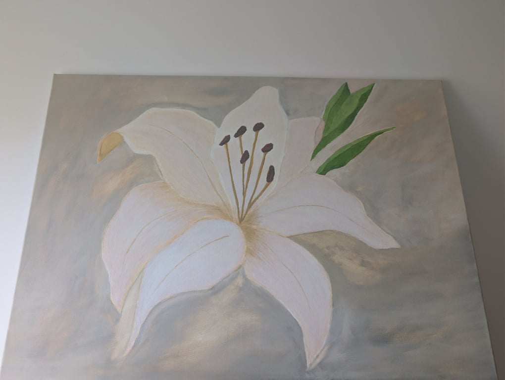 Original White Lily Acrylic Painting – Hand Painted Floral Wall Art 