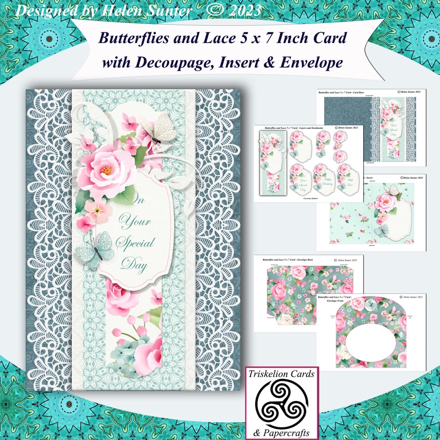 Printable Butterflies and Lace 5 x 7 Inch Decoupage Card Making Kit 