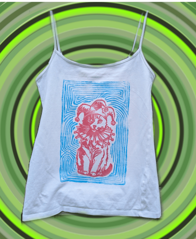 Handprinted lino Jester cat upcycled vest top XS