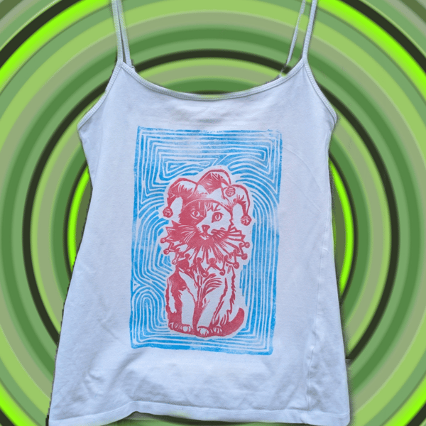 Handprinted lino Jester cat upcycled vest top XS