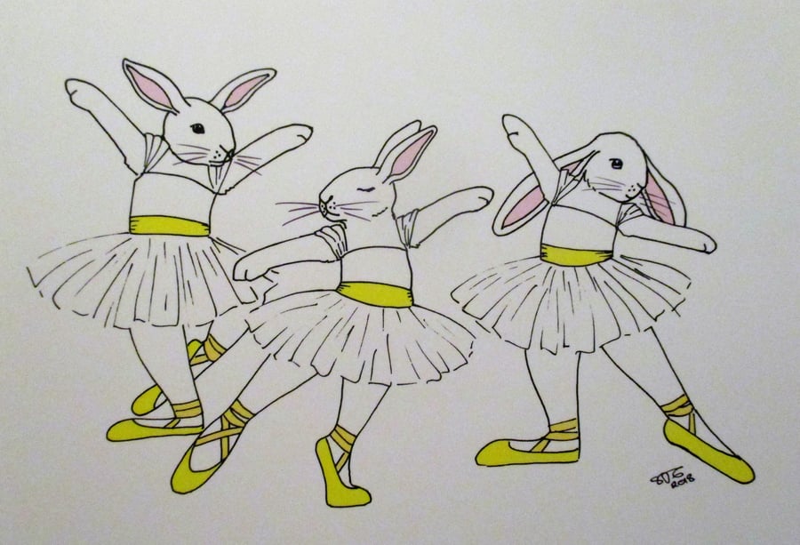 A5 Print of Bunny Rabbit Ballet Dancers Ballerinas Art Picture Limited Edition
