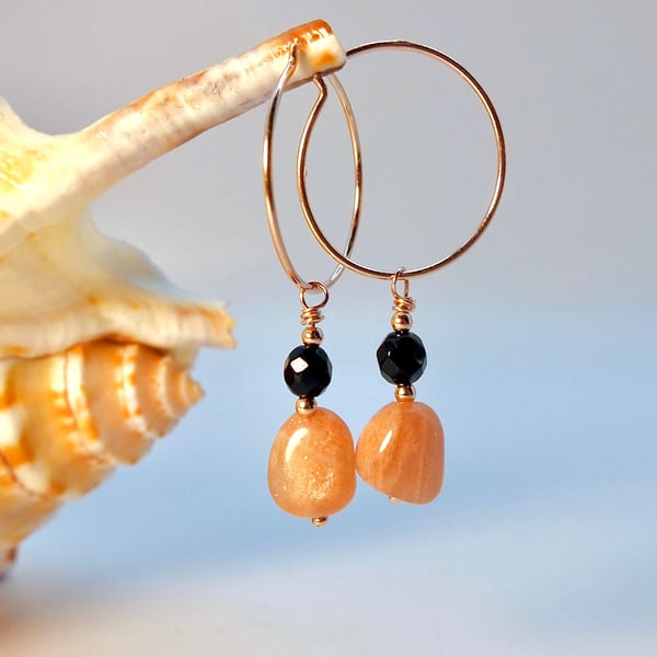 Sunstone, Onyx & Rose Vermeil Hoop Earrings, Birthday, Anniversary, Gift For Her
