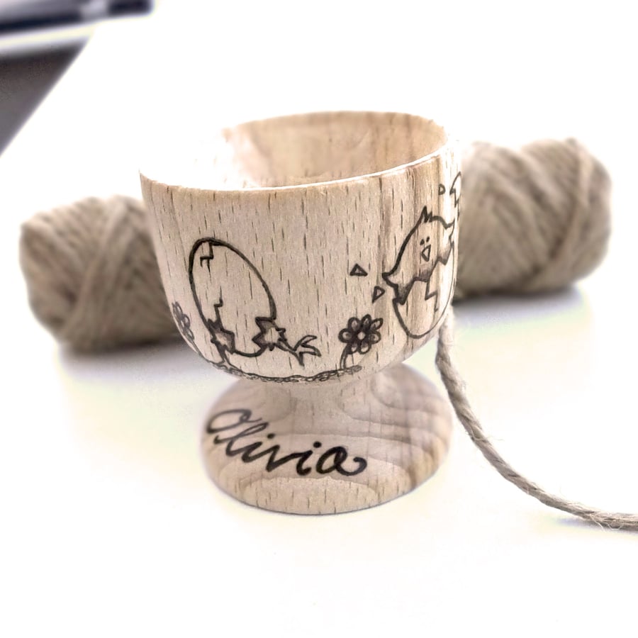 Personalised Wooden Pyrography Egg Cup, Easter gift,  Easter Egg, 
