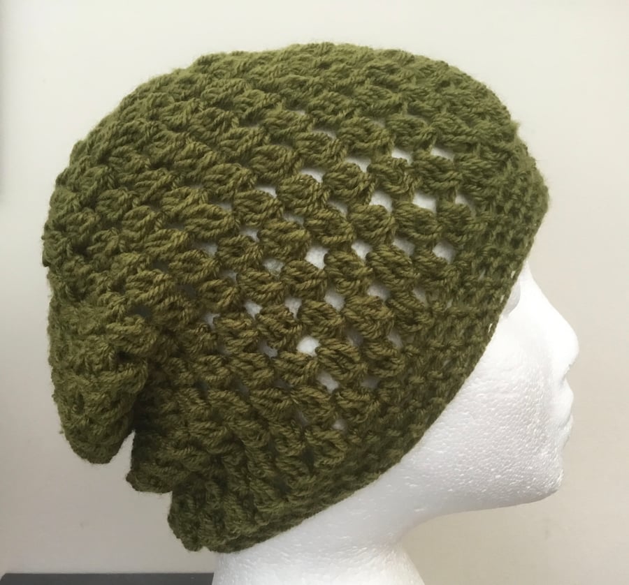 Olive Green Super Slouchy! Crocheted Beanie, Soft Beret or Slouchy Hat.