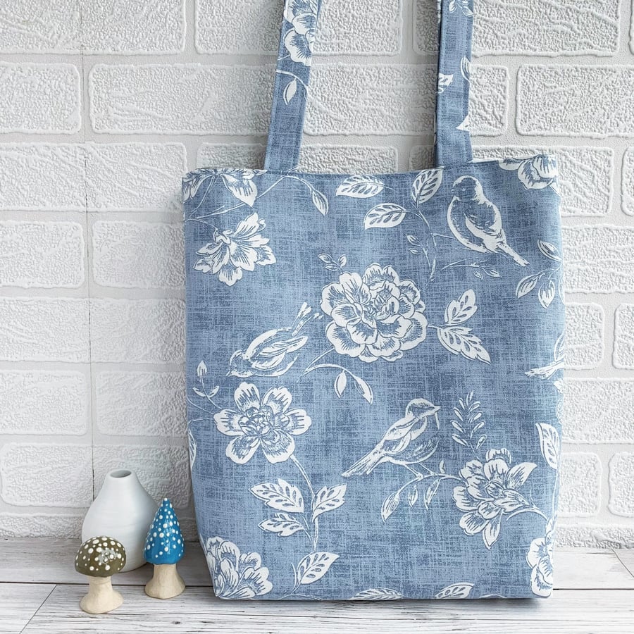 Blue Tote Bag with White Birds and Flowers