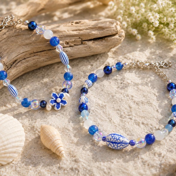 Coastal Blue & White Matching Bracelet & Anklet Set 
