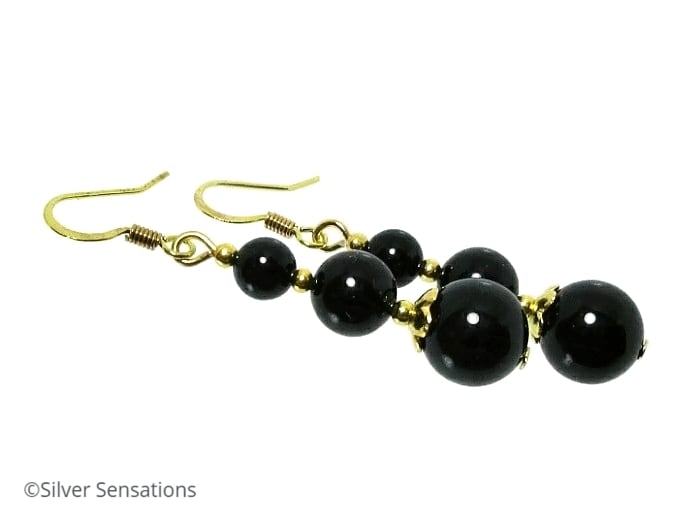 Jet Black Onyx & Gold Plated Dangly Fashion Earrings