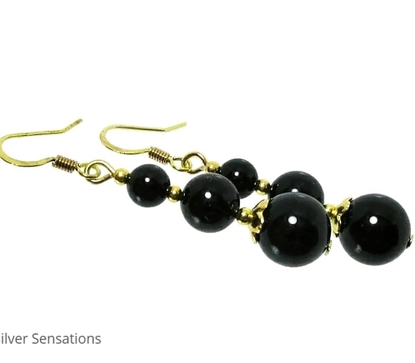 Jet Black Onyx & Gold Plated Dangly Fashion Earrings