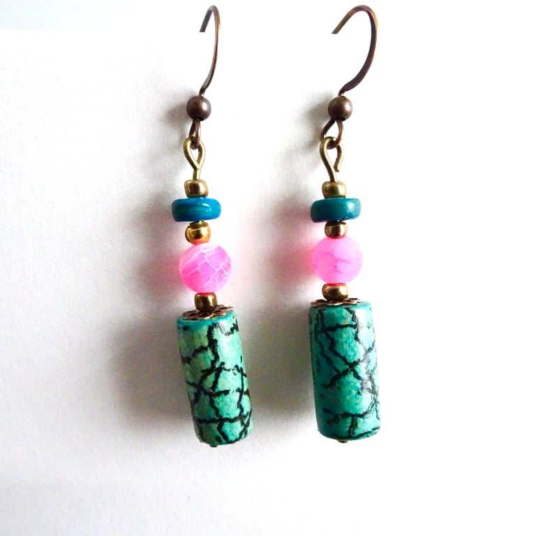 Green, pink and blue beaded earrings with brass style beads
