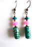 Green, pink and blue beaded earrings with brass style beads - Image 1