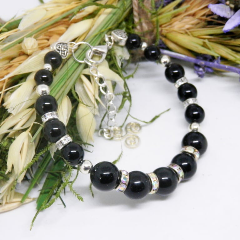 Black Obsidian Memory Wire Beaded Bracelet