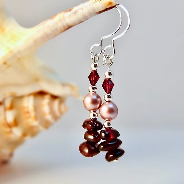 Garnet, Sterling Silver, Shell Pearl Earrings - Birthday Gift January Birthstone