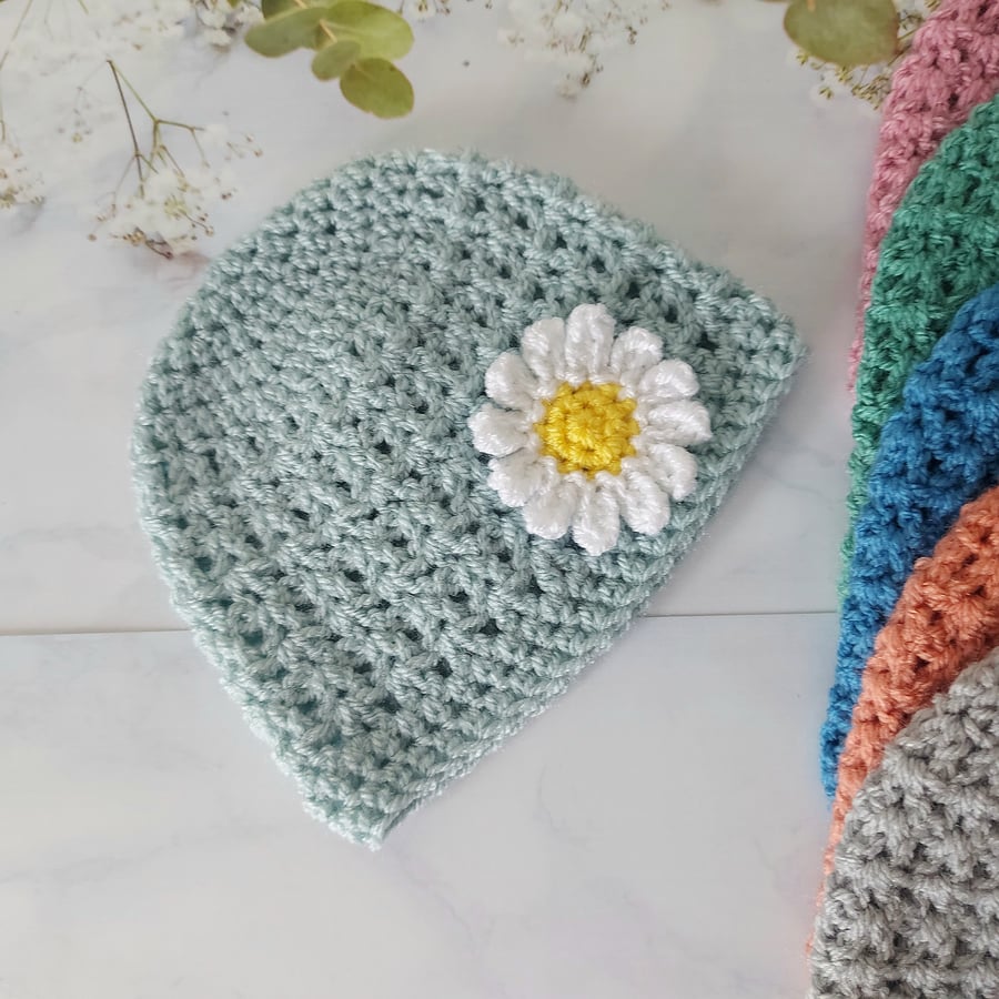 Handmade Newborn Crochet Baby Daisy Beanie Hat in Duck Egg Blue, Ready to Post 