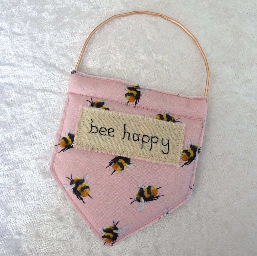 Bees.  Bee Happy.  Decorative fabric banner.