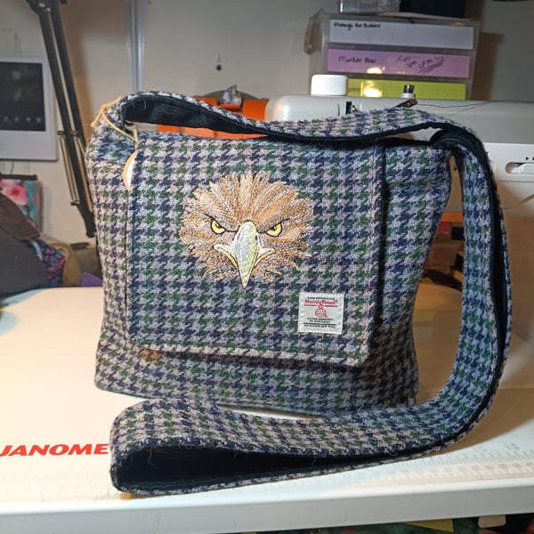 Harris tweed cross body bag with eagle