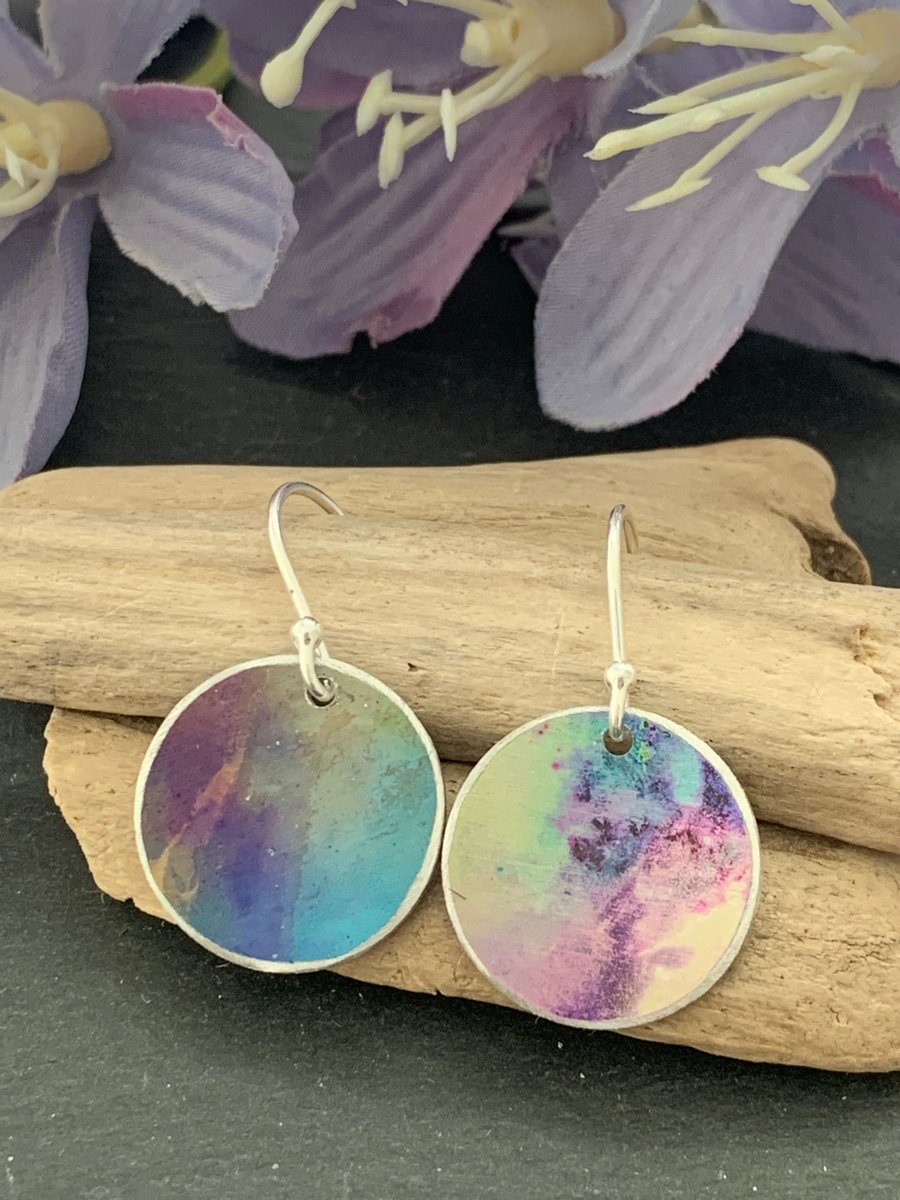 Water colour collection - hand painted aluminium earrings lime and pink rainbow