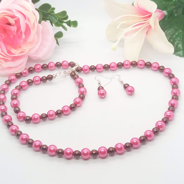 Beautiful Bundle, Fuchsia Pink and Chocolate Pearl Jewellery Set, Gift for Her