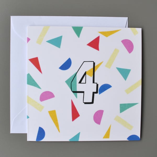 4th Birthday Card, Age Four, Fourth Birthday Card, Confett, Unisex Birthday Card