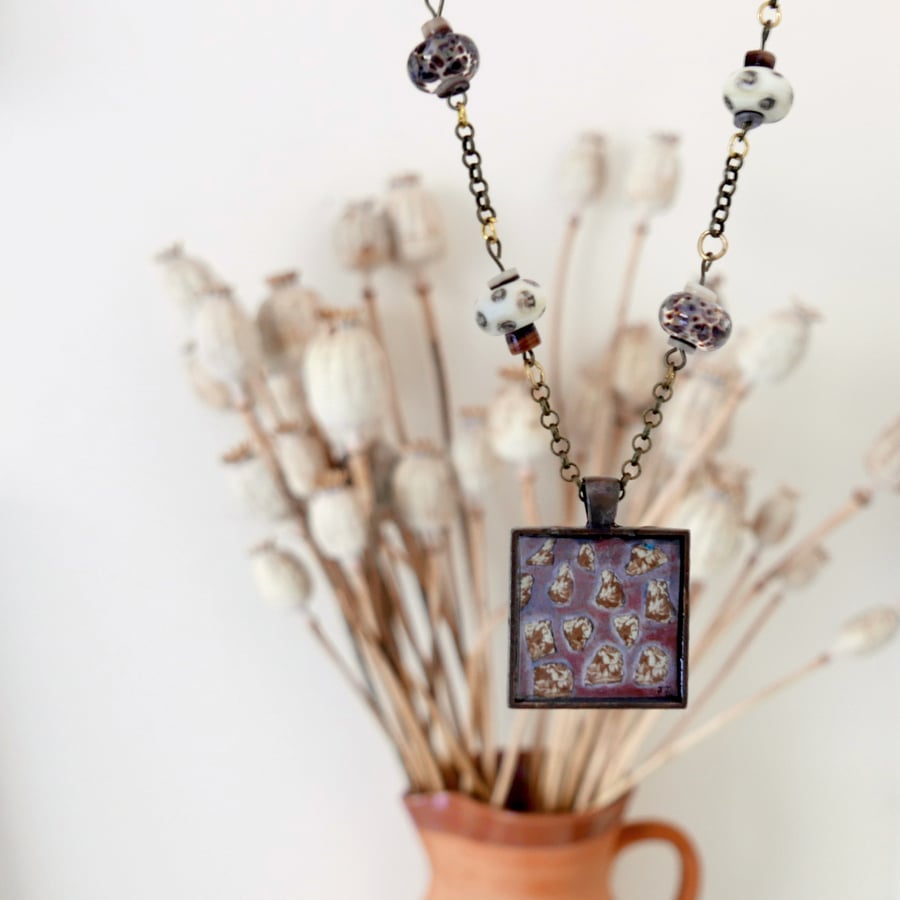 Brown Pendant Necklace with Abstract Art and Lampwork Glass Beads