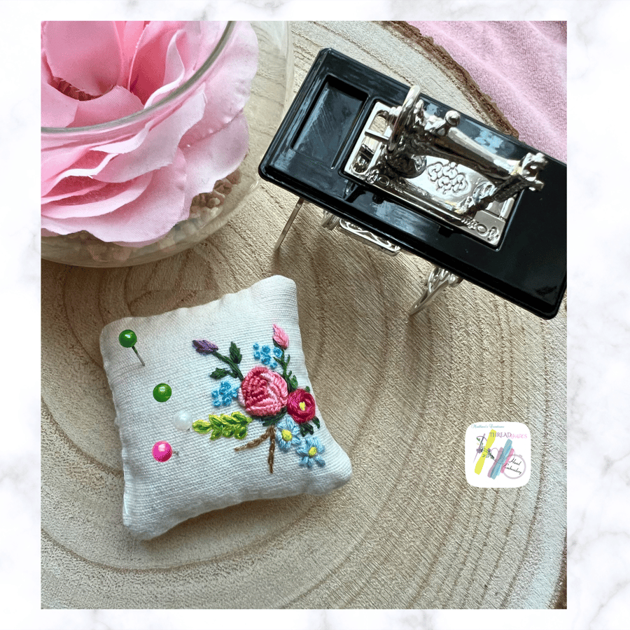 Hand embroidered mini pin cushion, miniature cushion, handmade, floral design 