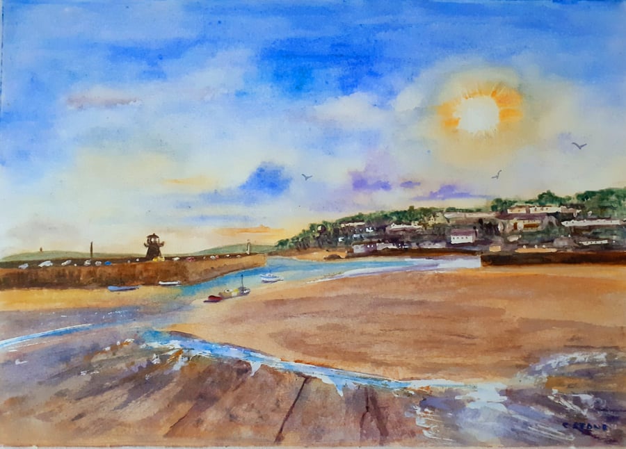 Winter Sunshine St. Ives Harbour. Original watercolour painting 385 mm x 270 mm