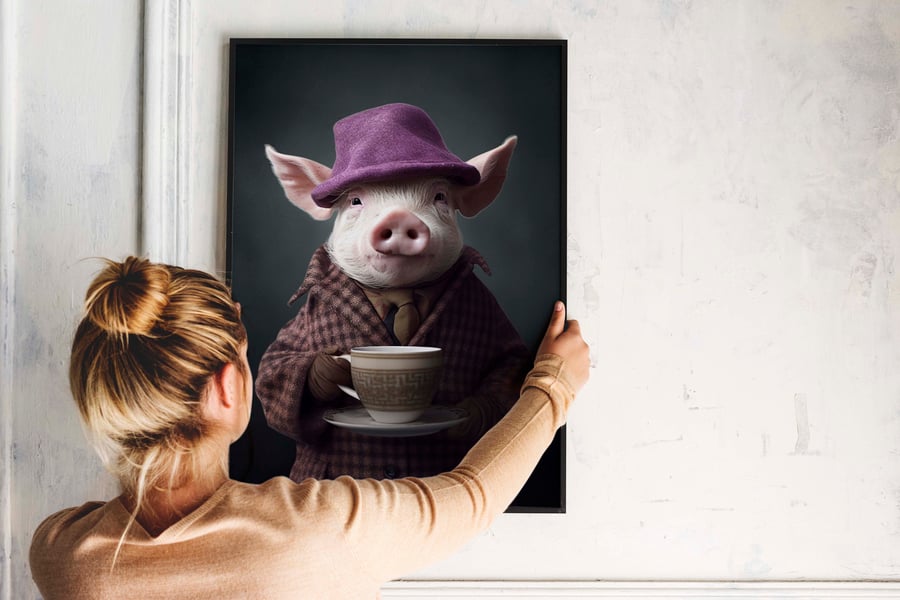 Pig portrait -old lady pig drinking tea ART PRINT