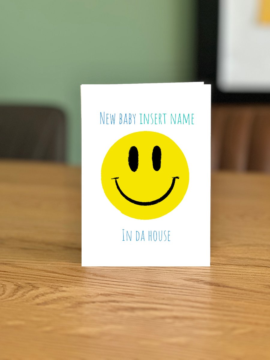 New Baby in Da House Personalised Greeting Card - Acid House - Smiley Face