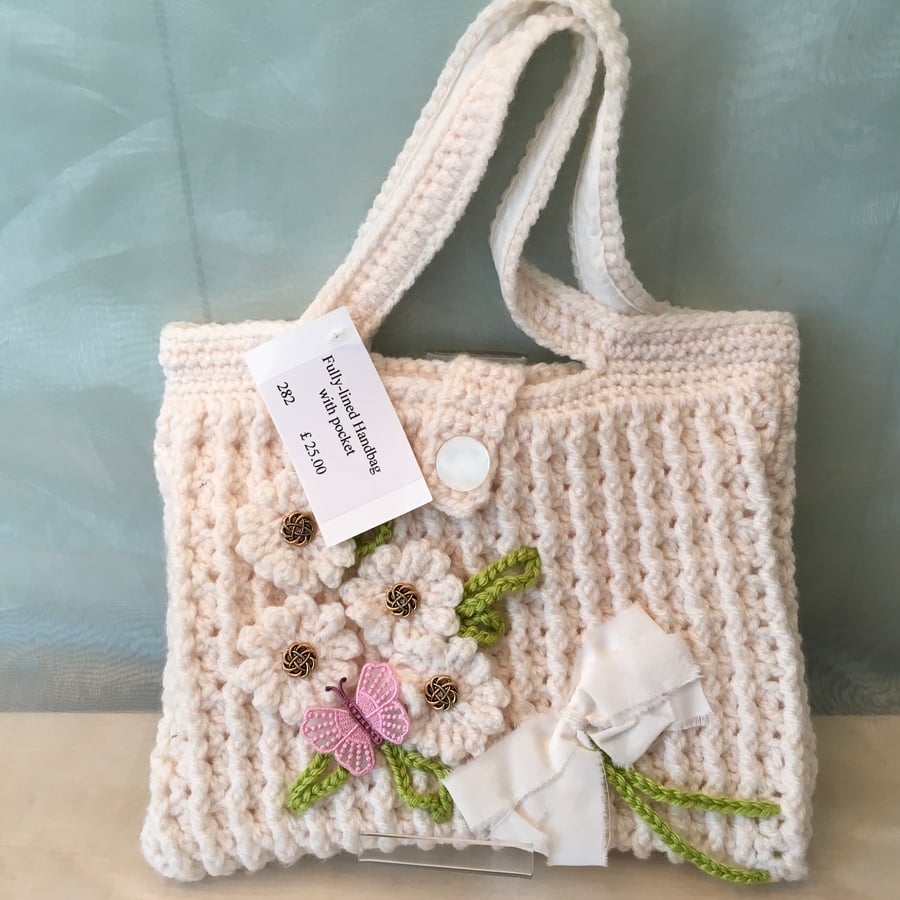 Decorated Cream Handbag with Flowers and Butterfly.  Crocheted. Reduced Price