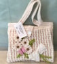 Decorated Cream Handbag with Flowers and Butterfly.  Crocheted. Reduced Price - Image 1