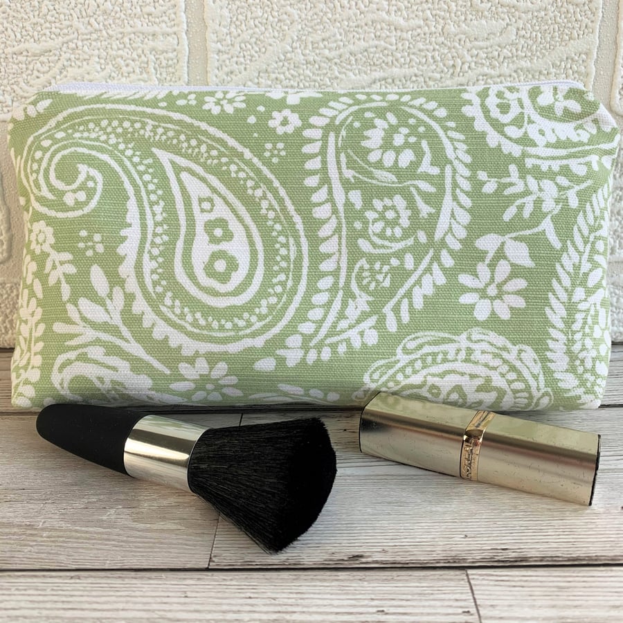Paisley make up bag, cosmetic bag or pencil case in pale green and white