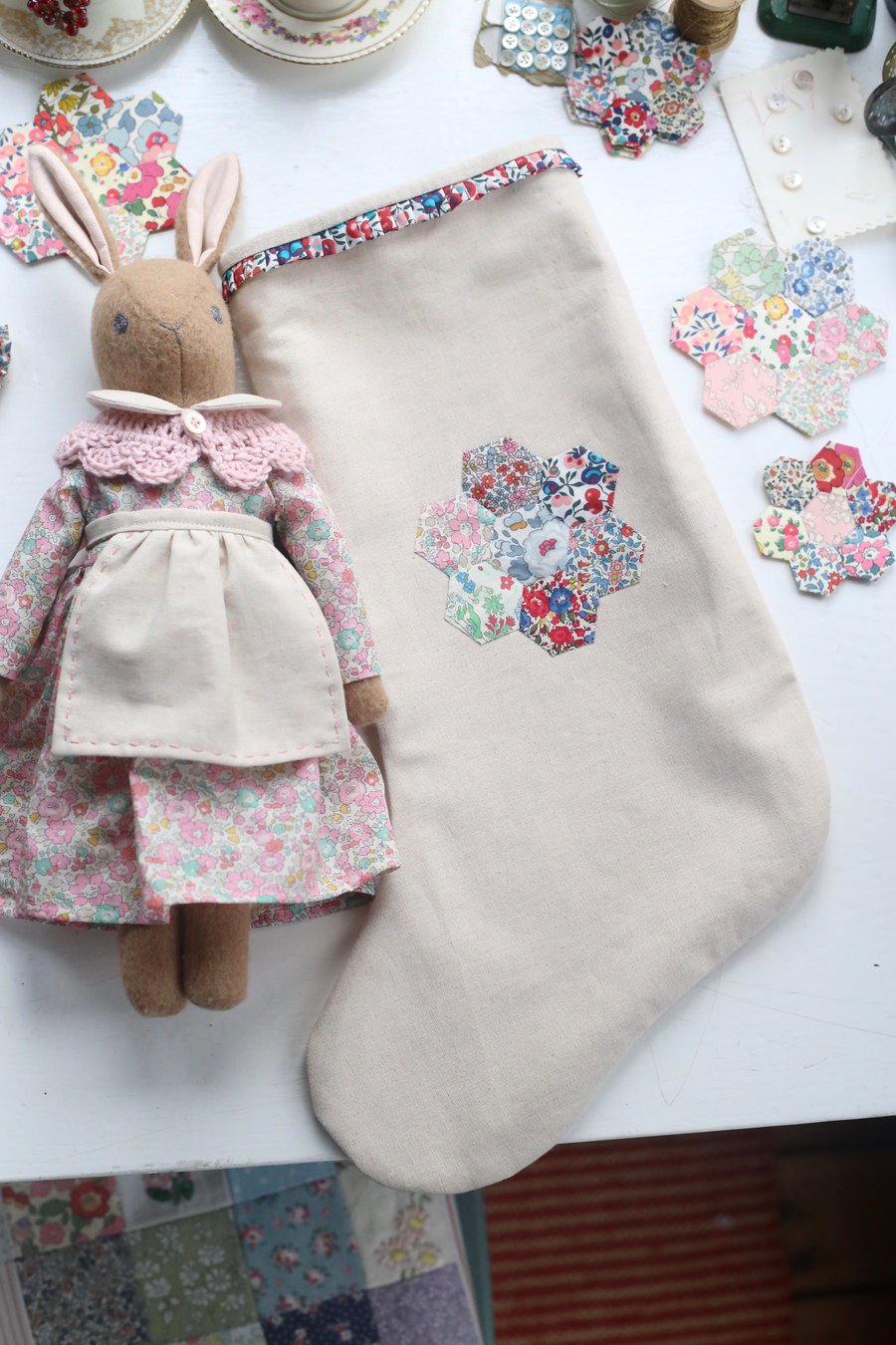 Heirloom Liberty Bunny in a patchwork stocking - Medium bunny