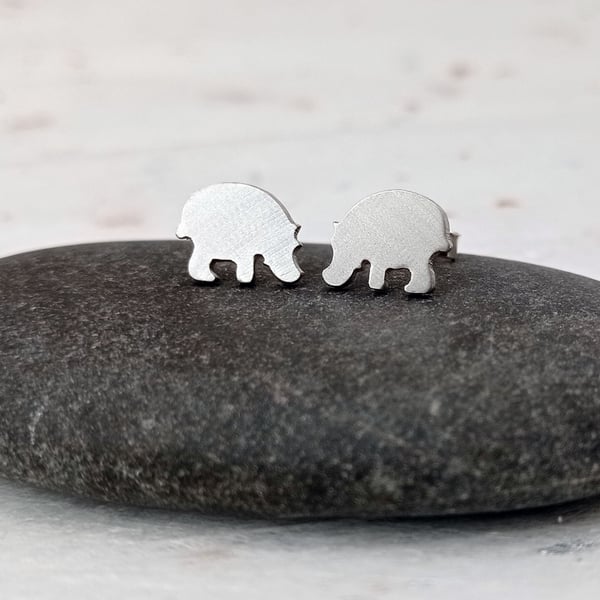 Recycled sterling silver hippo stud earrings – cute handmade animal jewellery 